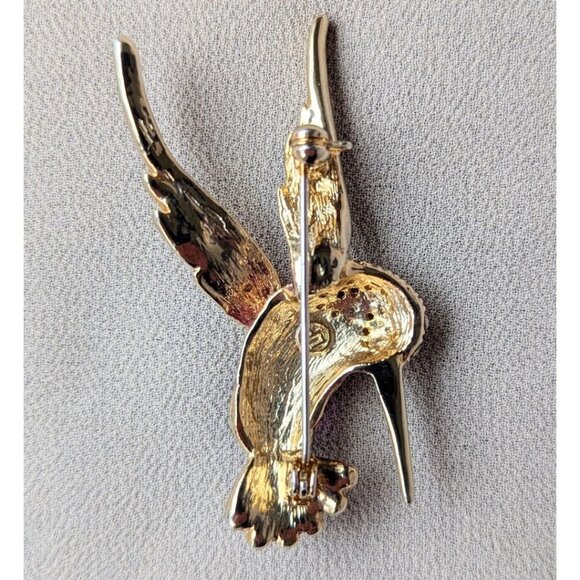 Vintage Signed LP Gold Tone Enamel Cabochon Rhinestones Hummingbird Brooch - Picture 6 of 9